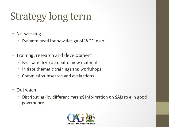 Strategy long term • Networking • Evaluate need for new design of WGEI web