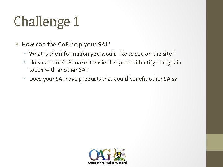 Challenge 1 • How can the Co. P help your SAI? • What is