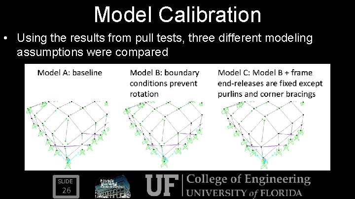 Model Calibration • Using the results from pull tests, three different modeling assumptions were