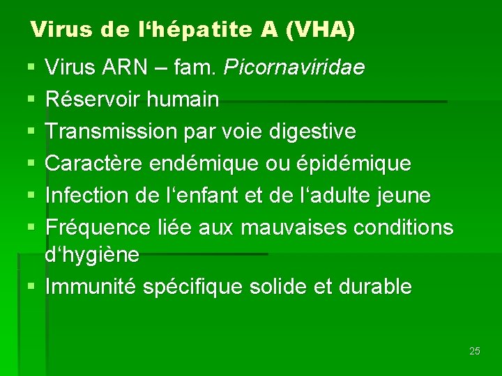 Virus de l‘hépatite A (VHA) § § § Virus ARN – fam. Picornaviridae Réservoir