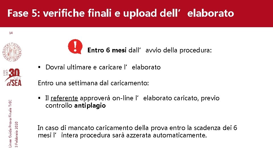 Fase 5: verifiche finali e upload dell’elaborato 14 Entro 6 mesi dall’avvio della procedura: Fase 5: verifiche finali e upload dell’elaborato 14 Entro 6 mesi dall’avvio della procedura: