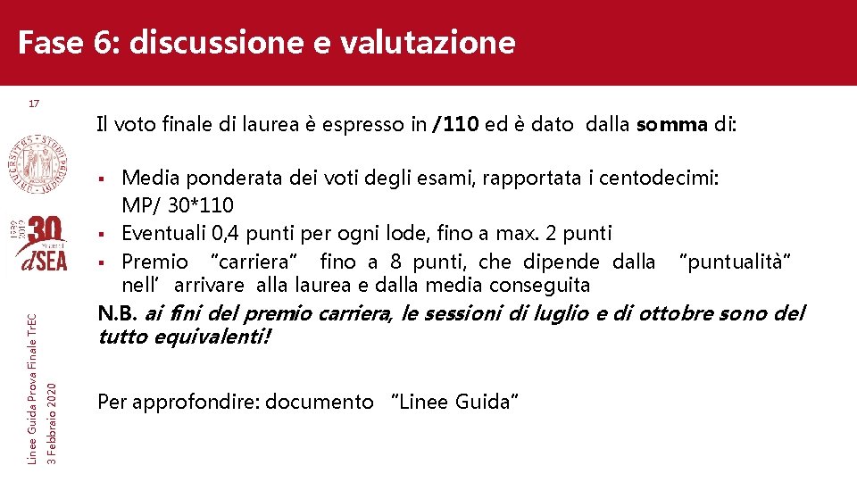 Fase 6: discussione e valutazione 17 Il voto finale di laurea è espresso in Fase 6: discussione e valutazione 17 Il voto finale di laurea è espresso in