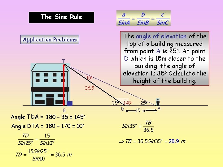 The Sine Rule The angle of elevation of the top of a building measured
