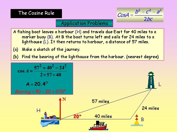 The Cosine Rule Application Problems A fishing boat leaves a harbour (H) and travels