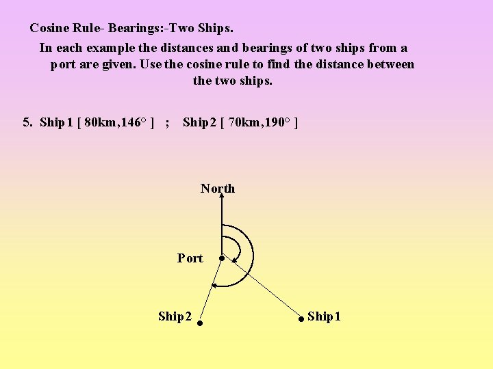 Cosine Rule- Bearings: -Two Ships. In each example the distances and bearings of two