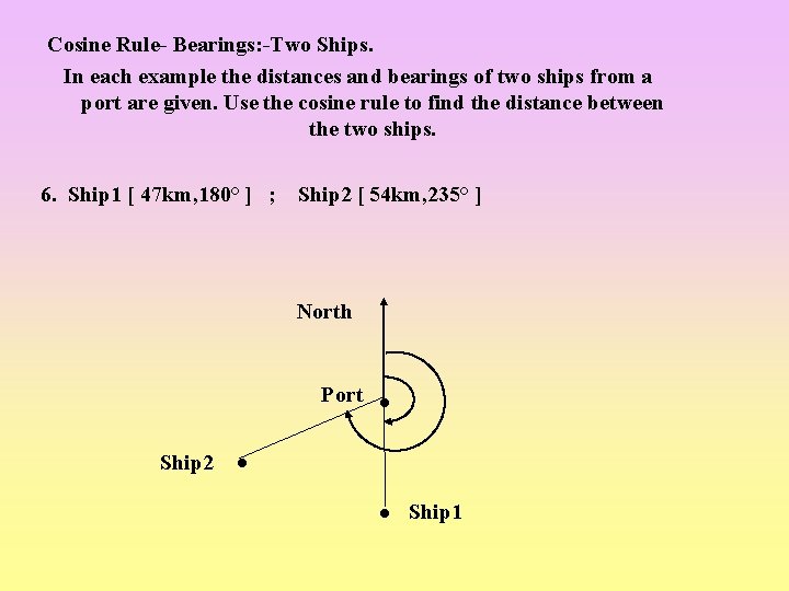 Cosine Rule- Bearings: -Two Ships. In each example the distances and bearings of two