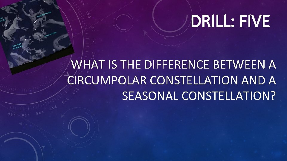 DRILL: FIVE WHAT IS THE DIFFERENCE BETWEEN A CIRCUMPOLAR CONSTELLATION AND A SEASONAL CONSTELLATION?