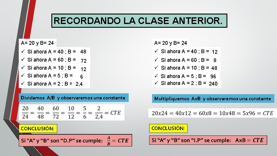 RECORDANDO LA CLASE ANTERIOR. A= 20 y B= 24 ü Si ahora A =