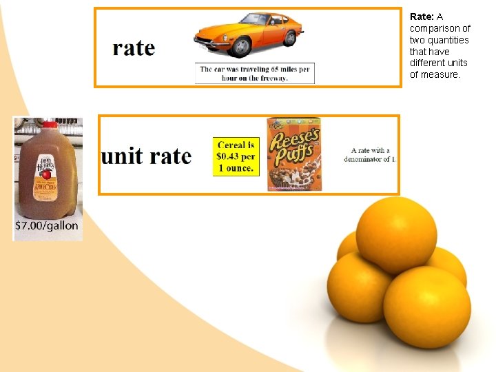 Rate: A comparison of two quantities that have different units of measure. 