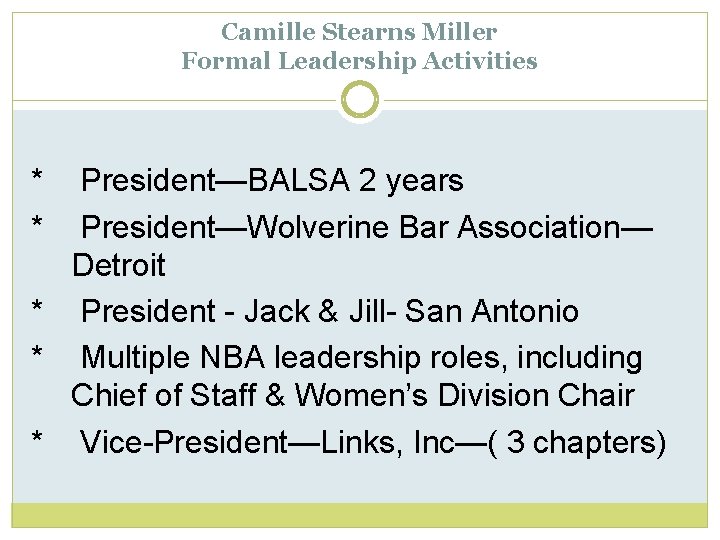 Camille Stearns Miller Formal Leadership Activities * * President—BALSA 2 years President—Wolverine Bar Association—