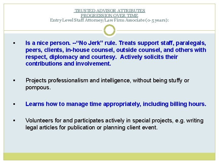  TRUSTED ADVISOR ATTRIBUTES PROGRESSION OVER TIME Entry Level Staff Attorney/Law Firm Associate (0
