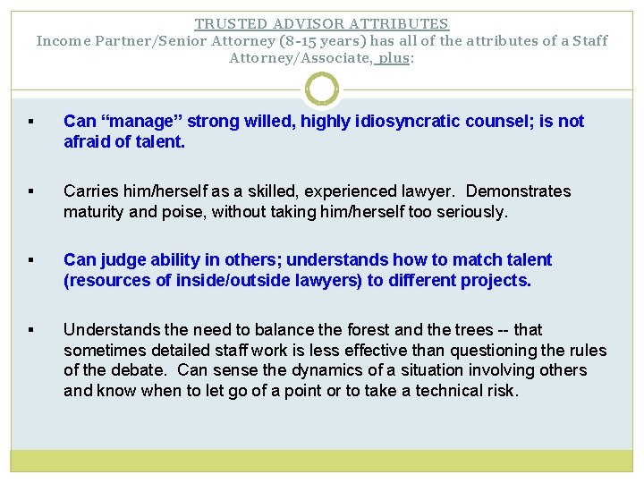 TRUSTED ADVISOR ATTRIBUTES Income Partner/Senior Attorney (8 -15 years) has all of the attributes