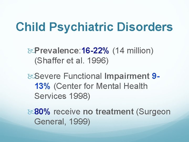 Child Psychiatric Disorders Prevalence: 16 -22% (14 million) (Shaffer et al. 1996) Severe Functional
