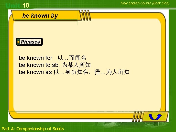 10 New English Course (Book One) be known by Phrases be known for 以…而闻名