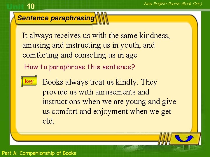 New English Course (Book One) 10 Sentence paraphrasing It always receives us with the