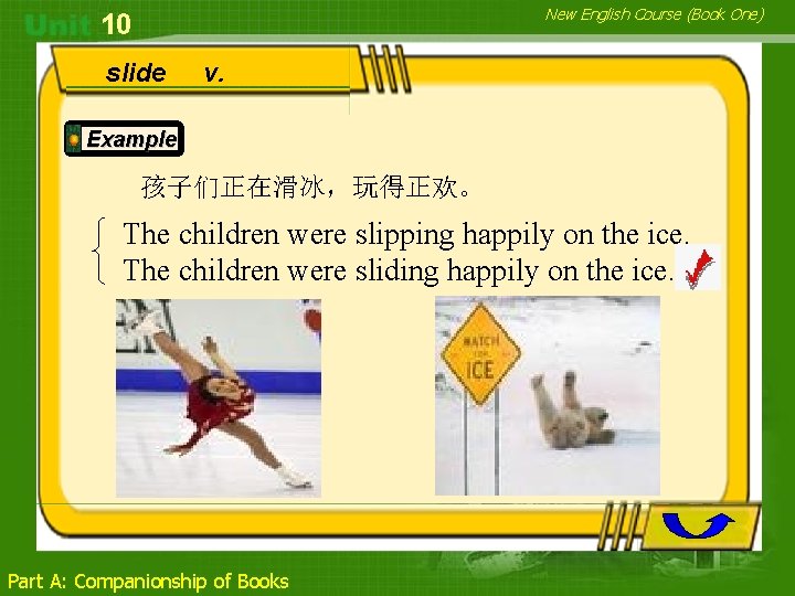 New English Course (Book One) 10 slide v. Example 孩子们正在滑冰，玩得正欢。 The children were slipping