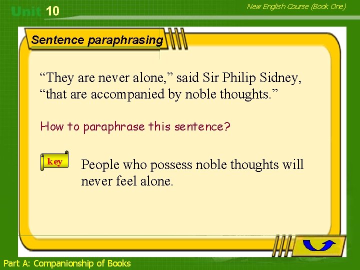 New English Course (Book One) 10 Sentence paraphrasing “They are never alone, ” said