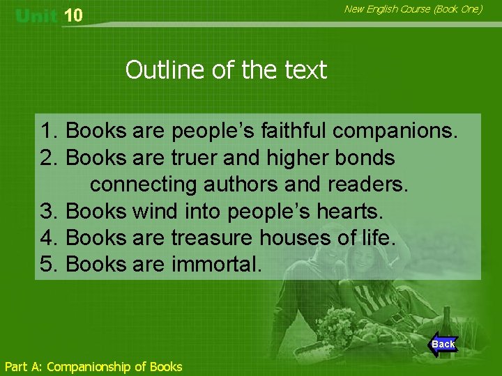 New English Course (Book One) 10 Outline of the text 1. Books are people’s