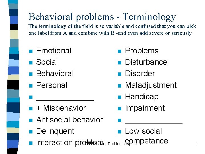 Behavioral problems - Terminology The terminology of the field is so variable and confused