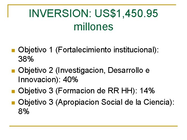 INVERSION: US$1, 450. 95 millones n n Objetivo 1 (Fortalecimiento institucional): 38% Objetivo 2 INVERSION: US$1, 450. 95 millones n n Objetivo 1 (Fortalecimiento institucional): 38% Objetivo 2