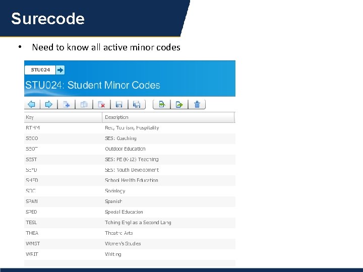 Surecode • Need to know all active minor codes 