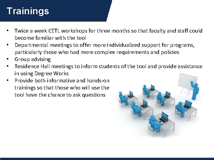 Trainings • Twice a week CETL workshops for three months so that faculty and