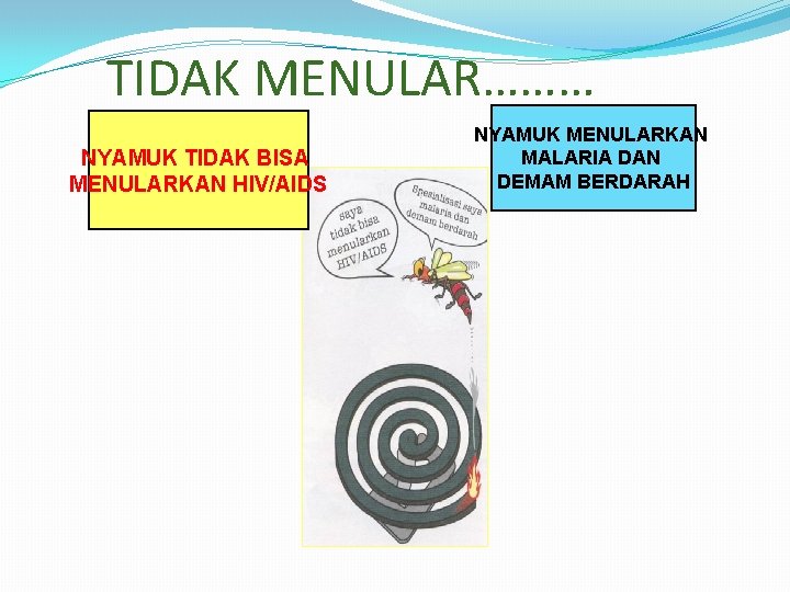 TIDAK MENULAR……… NYAMUK TIDAK BISA MENULARKAN HIV/AIDS NYAMUK MENULARKAN MALARIA DAN DEMAM BERDARAH 