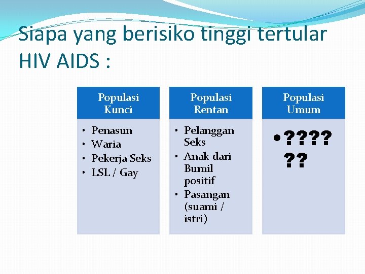 Siapa yang berisiko tinggi tertular HIV AIDS : Populasi Kunci • • Penasun Waria