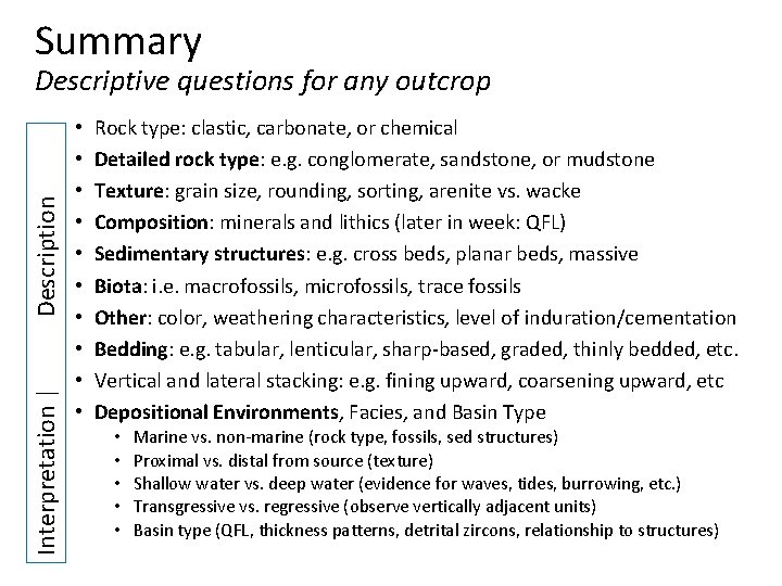 Summary Interpretation | Description Descriptive questions for any outcrop • • • Rock type: