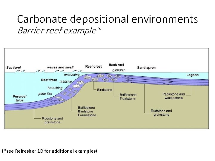 Carbonate depositional environments Barrier reef example* (*see Refresher 1 B for additional examples) 