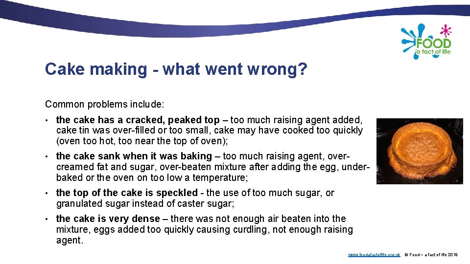 Cake making - what went wrong? Common problems include: • the cake has a