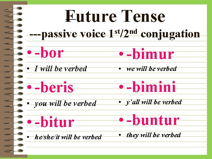 Future Tense ---passive voice 1 st/2 nd conjugation • -bor • -bimur • I