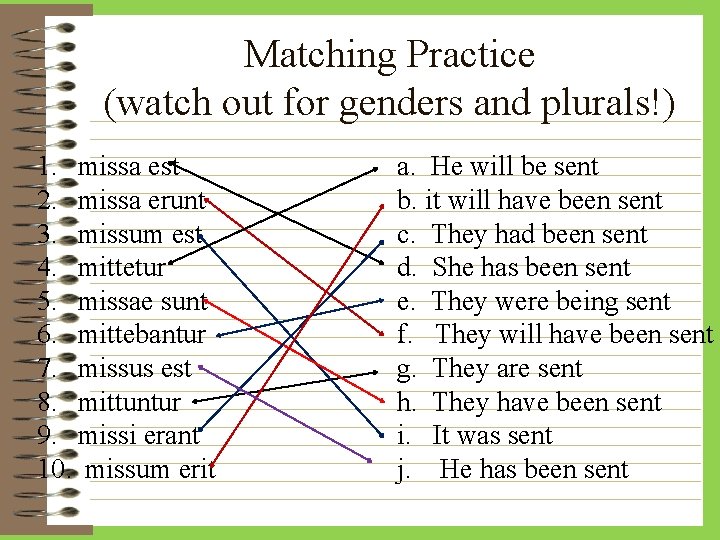 Matching Practice (watch out for genders and plurals!) 1. missa est 2. missa erunt