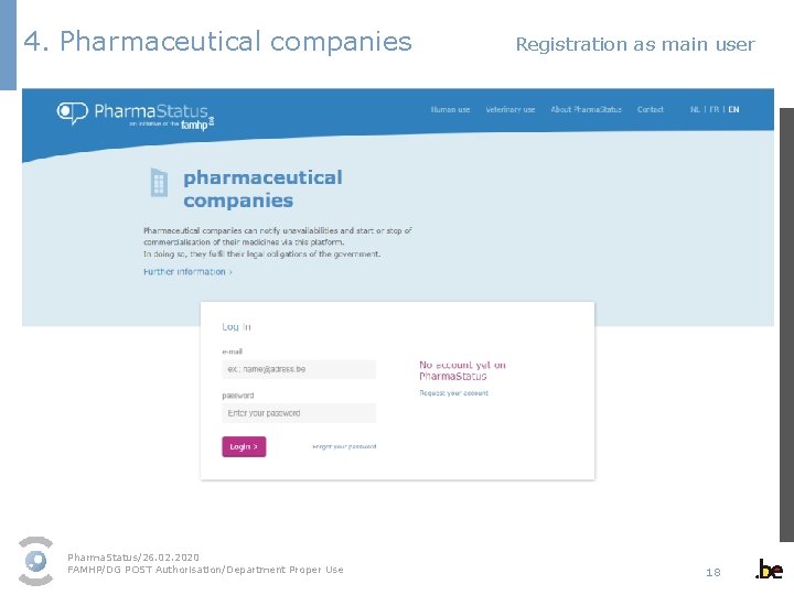 4. Pharmaceutical companies Registration as main user Pharma. Status/26. 02. 2020 FAMHP/DG POST Authorisation/Department