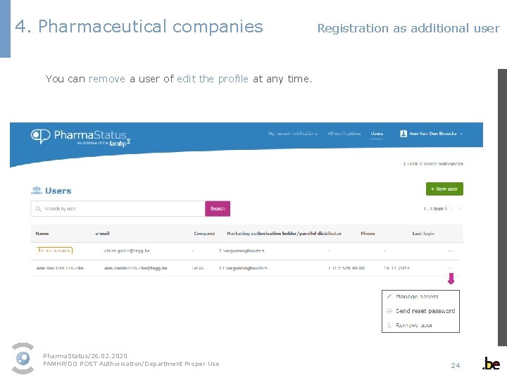 4. Pharmaceutical companies Registration as additional user You can remove a user of edit