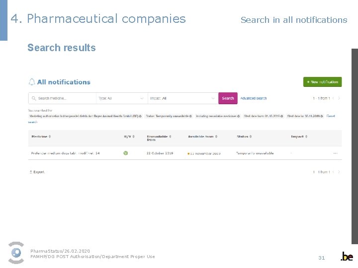 4. Pharmaceutical companies Search in all notifications Search results Pharma. Status/26. 02. 2020 FAMHP/DG