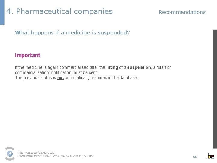 4. Pharmaceutical companies Recommendations What happens if a medicine is suspended? Important If the