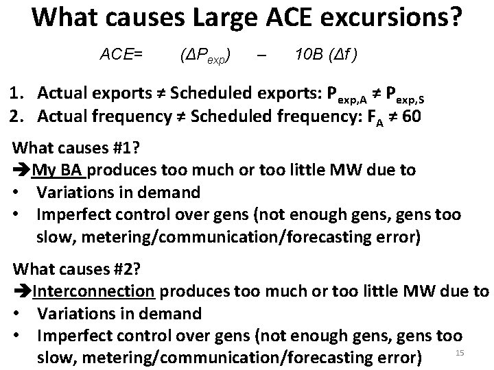 What causes Large ACE excursions? ACE= (ΔPexp) – 10 B (Δf ) 1. Actual