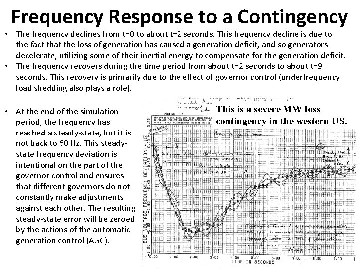 Frequency Response to a Contingency • The frequency declines from t=0 to about t=2