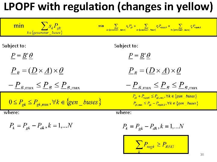 LPOPF with regulation (changes in yellow) Subject to: where: 38 