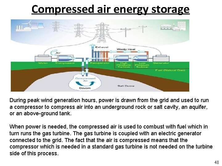 Compressed air energy storage During peak wind generation hours, power is drawn from the