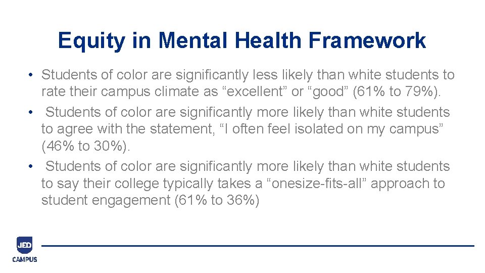 Equity in Mental Health Framework • Students of color are significantly less likely than