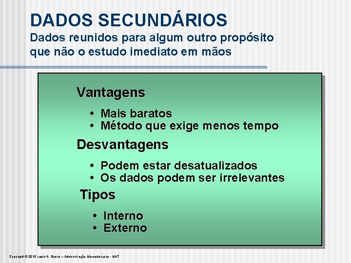 DADOS SECUNDÁRIOS Dados reunidos para algum outro propósito que não o estudo imediato em