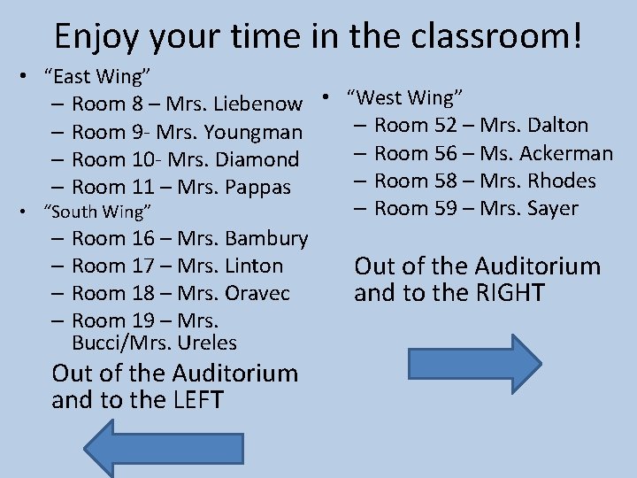 Enjoy your time in the classroom! • “East Wing” – Room 8 – Mrs.