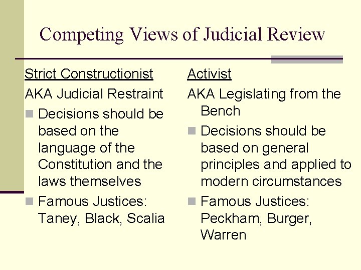 Competing Views of Judicial Review Strict Constructionist AKA Judicial Restraint n Decisions should be