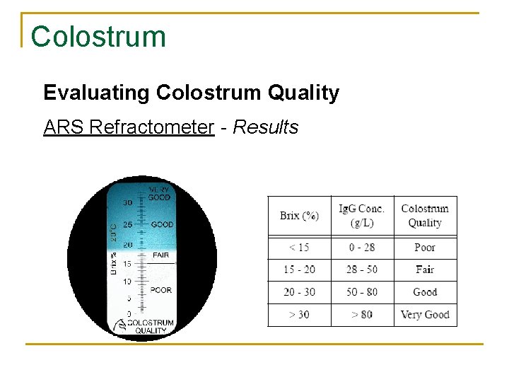 Colostrum Evaluating Colostrum Quality ARS Refractometer - Results 