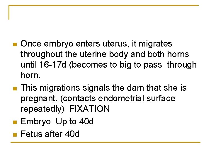 n n Once embryo enters uterus, it migrates throughout the uterine body and both