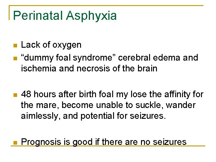 Perinatal Asphyxia n n Lack of oxygen “dummy foal syndrome” cerebral edema and ischemia