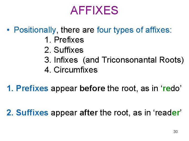 AFFIXES • Positionally, there are four types of affixes: 1. Prefixes 2. Suffixes 3.