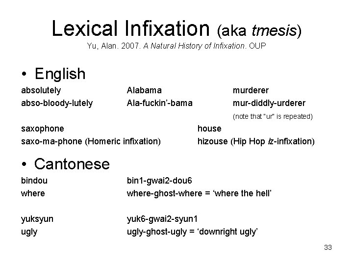 Lexical Infixation (aka tmesis) Yu, Alan. 2007. A Natural History of Infixation. OUP •
